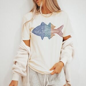 Segmented Fish Engraved Graphic Tee Line Art Illustration Natural